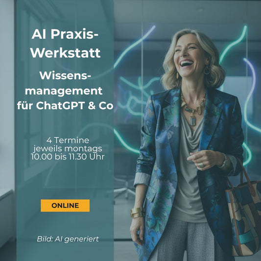 AI Praxiswerkstatt Wissensmanagement für ChatGPT & Co. Bild mit lachender Frau im Hintergrund