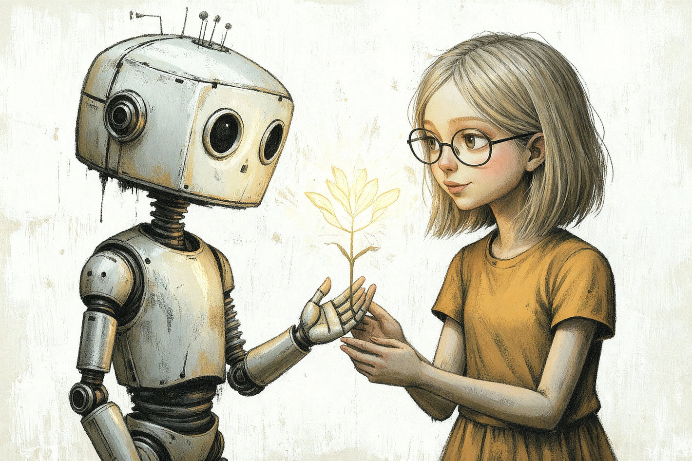 AI made robot and woman growing a plant of light together