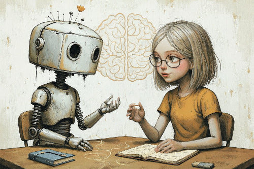 AI made: Roboter und Frau sitzen an Tisch und lernen